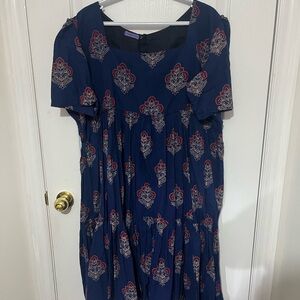 Stylish Navy Dress with Red and White Patterns